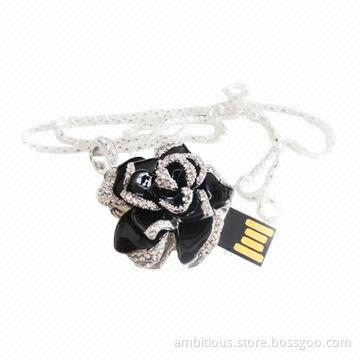 Bling Elegant Crystal Rose Jewelry-shaped USB Flash Drive, 64MB to 128GB Memory Capacity